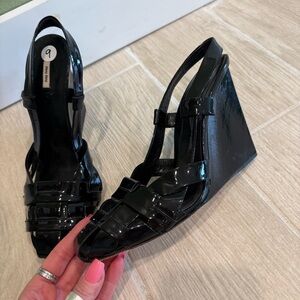 Miu Miu Black Patent Leather Woven Wedge Heels